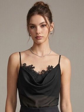 Commense Cowl Neck Lace Trim Sheer Cami Top